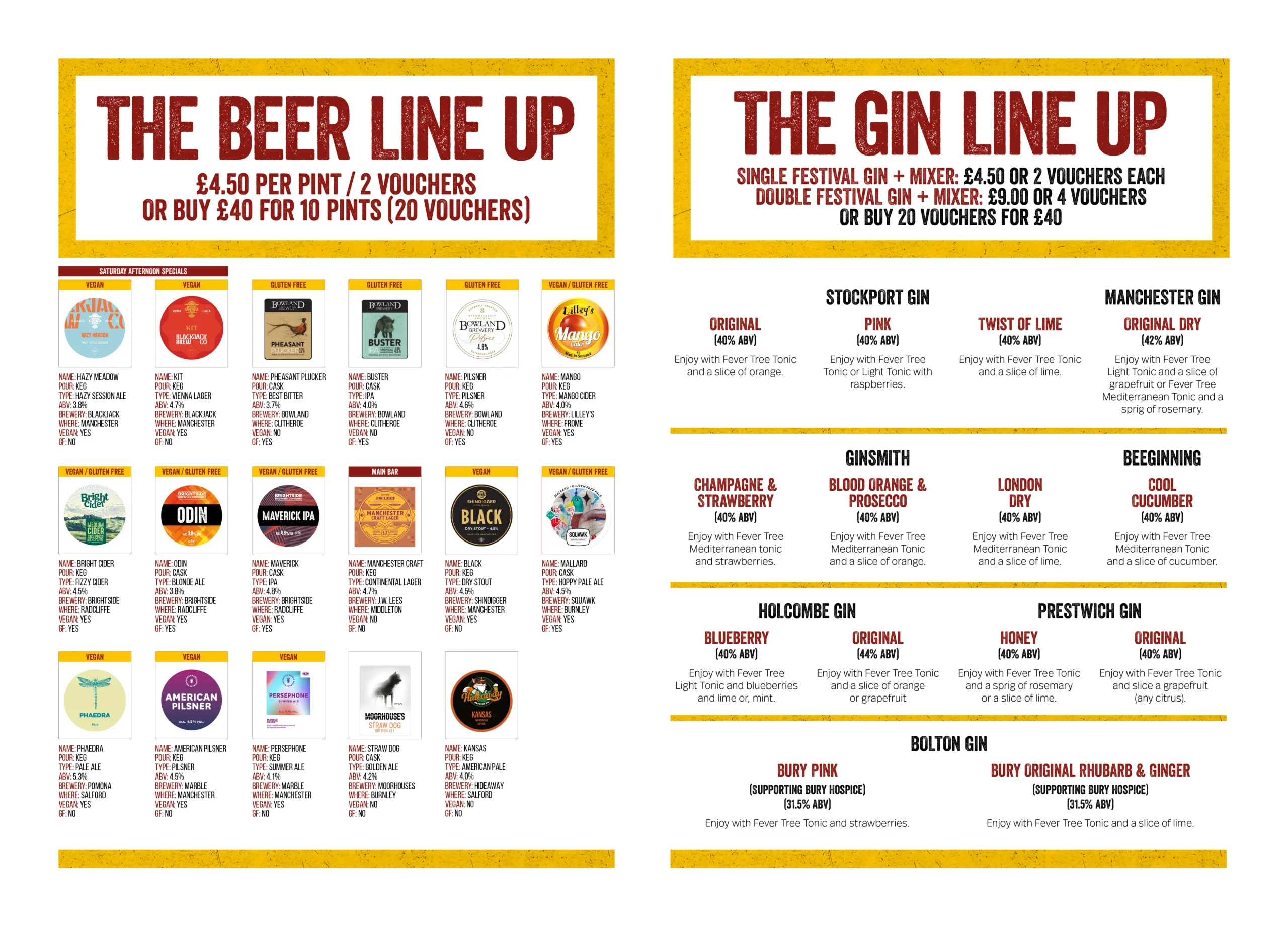 Beer and Gin Menus for Stand CC Beer and Gin Festival 2025